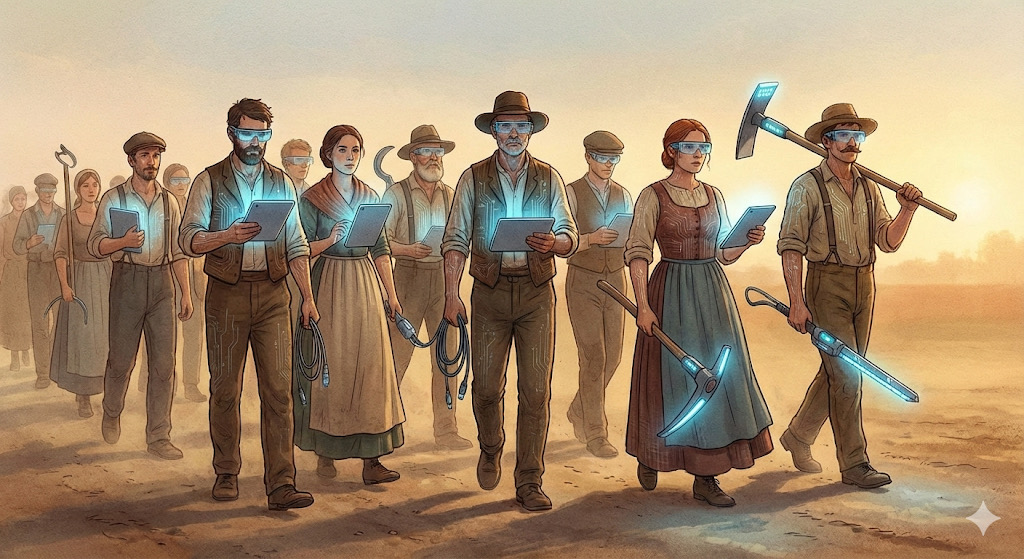 Labourers in period clothing walk a dusty field at dusk, wearing glowing visors and carrying tablets, cables, and a pickaxe with a lit blade.