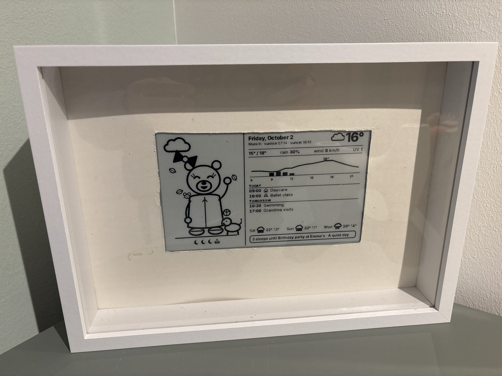 A white deep box frame with a passe-partout, holding a 7.5 inch e-ink screen. On the left a cartoon bear with a bow waves next to a puppy, on the right the date, temperature, an hourly chart, today's and tomorrow's events and a three day forecast.
