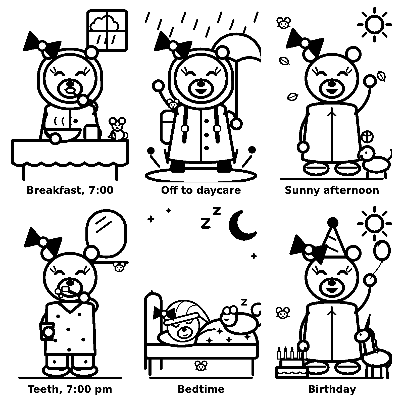 Six scenes of the bear: having breakfast with the rain visible through the window, leaving for daycare with a backpack and umbrella, waving next to a puppy on a sunny afternoon, brushing her teeth in pyjamas in front of a mirror, asleep in bed under a starry blanket with a dormouse, and celebrating a birthday with a party hat, a balloon, a cake and a unicorn.