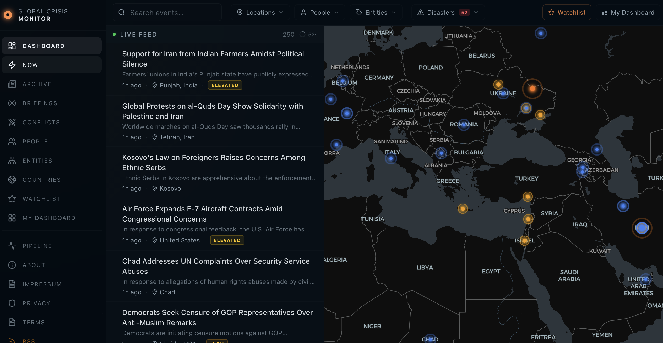Global Crisis Monitor dashboard — map, event feed, and latest briefing