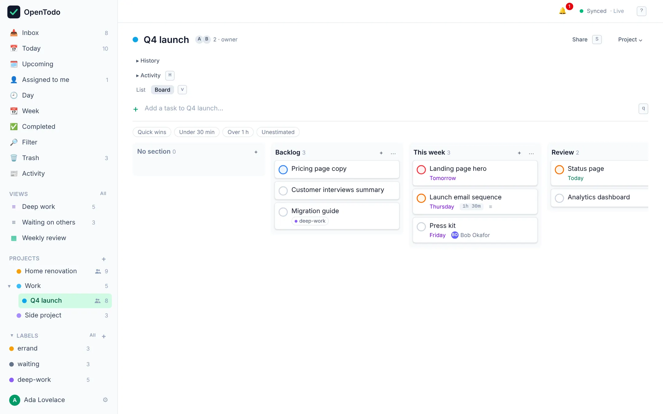 The Q4 launch project shown as a board: Backlog, This week and Review columns with task cards, due dates, an estimate, a label and an assignee, plus List and Board toggles and a Share button.