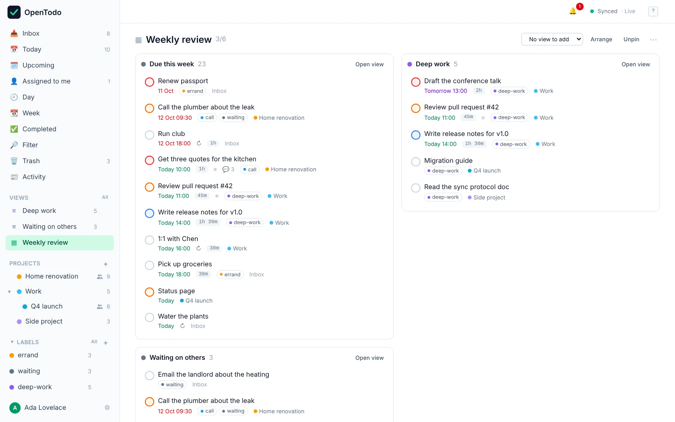 A Weekly review dashboard combining three saved views side by side: Due this week, Deep work and Waiting on others.