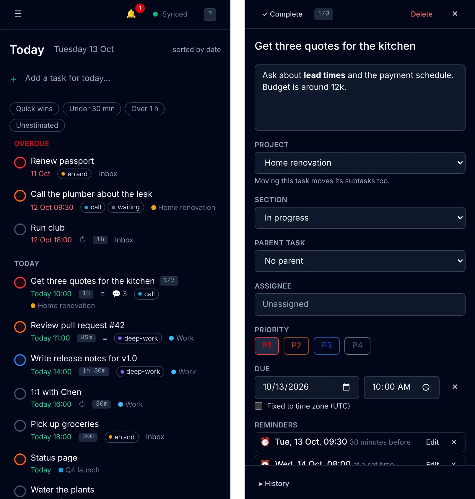 Two phone screenshots in dark mode: the Today list with overdue and scheduled tasks and a Synced indicator, and the detail view of a task with its notes, project, priority, due date and reminders.