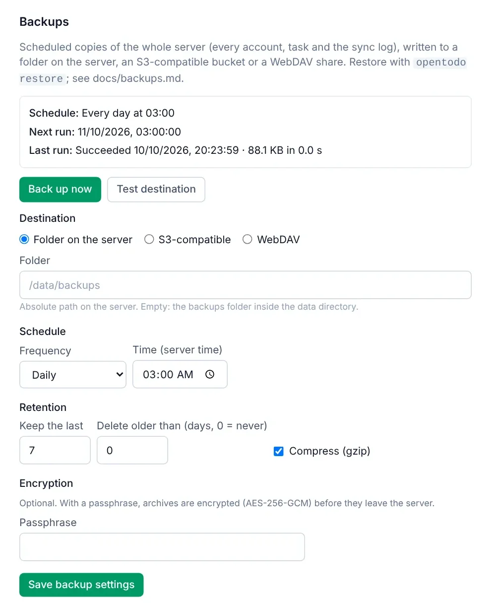 Backup settings: a daily schedule with the last successful run, Back up now and Test destination buttons, a choice of folder, S3-compatible or WebDAV destination, retention, compression and an optional encryption passphrase.