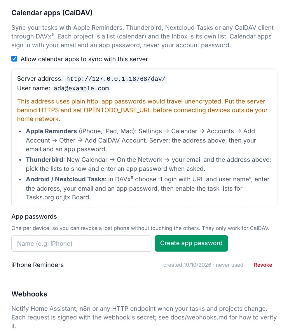 Calendar apps settings: the CalDAV server address and user name, setup steps for common calendar and reminder apps, per-device app passwords, and the start of the Webhooks section.