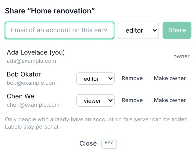 The Share dialog for the Home renovation project: the owner, one member with the editor role and one with the viewer role, each with Remove and Make owner actions.