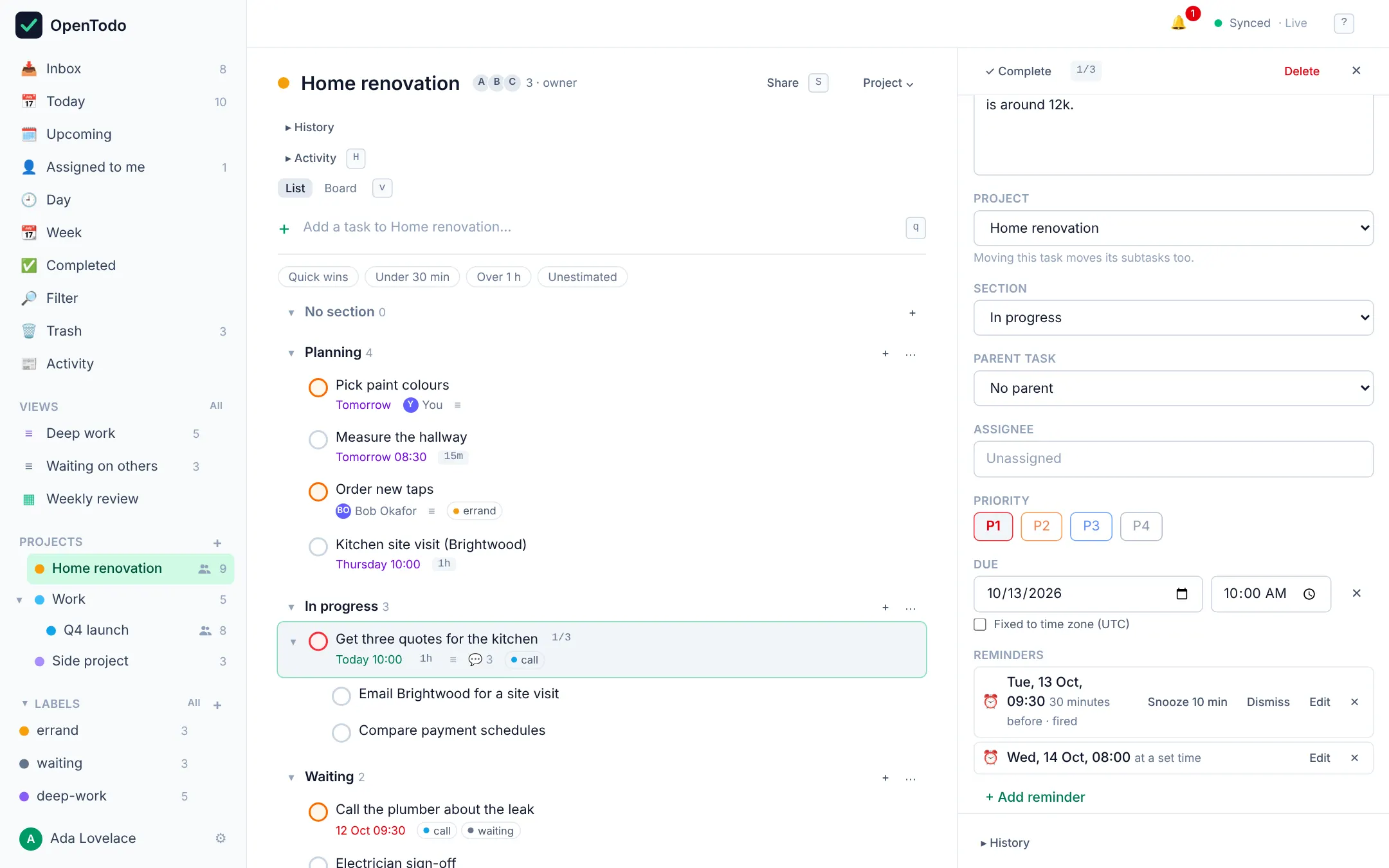 A Home renovation project in list view with sections and subtasks, and the task detail panel open on the right showing project, section, assignee, priority, due date and two reminders with Snooze and Dismiss buttons.