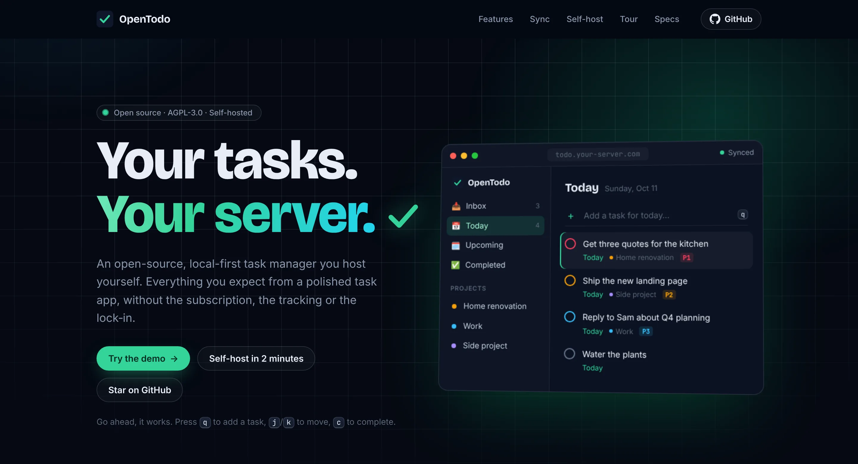 The OpenTodo website hero: the headline "Your tasks. Your server.", a short description, buttons to try the demo, self-host or star on GitHub, and a preview of the app's Today view.