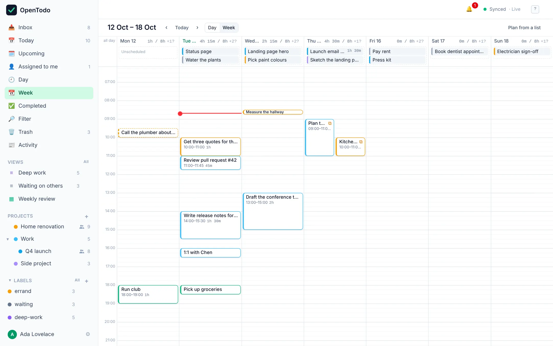 The Week view: a seven-day calendar grid with tasks placed as time blocks, an all-day row for unscheduled tasks, planned hours per day, and a red line marking the current time.